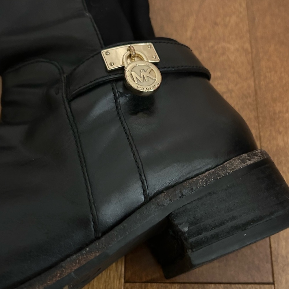 Michael Kors Black Leather Knee-High Riding Boots with Gold Accent & Zipper, 7.5 - Picture 10 of 10